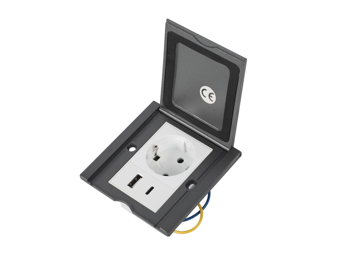 Tomada de piso embutida, tomada de parede/piso, caixa de piso em aço inoxidável com 1 tomada + 1 USB-A + 1 Tipo-C, design de perfil.