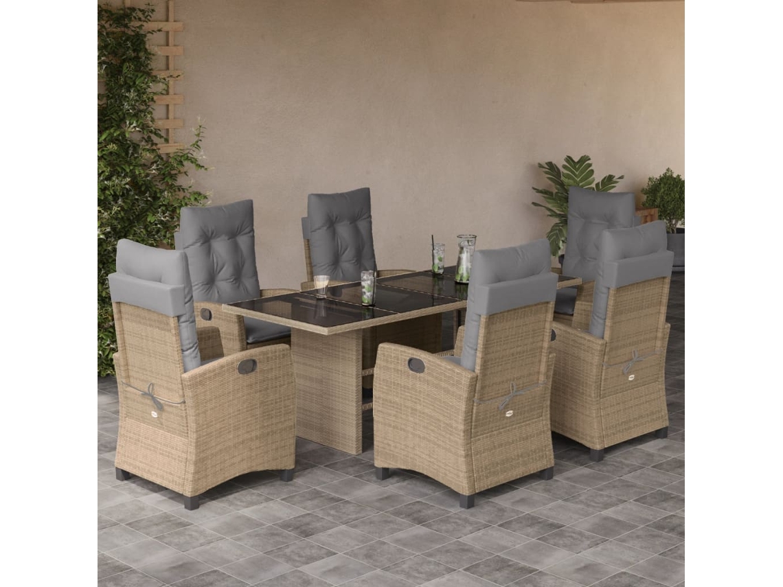Vidaxl 7 Pcs Conj. Jantar Jardim C/ Almofadões Vime Pe Bege Misturado