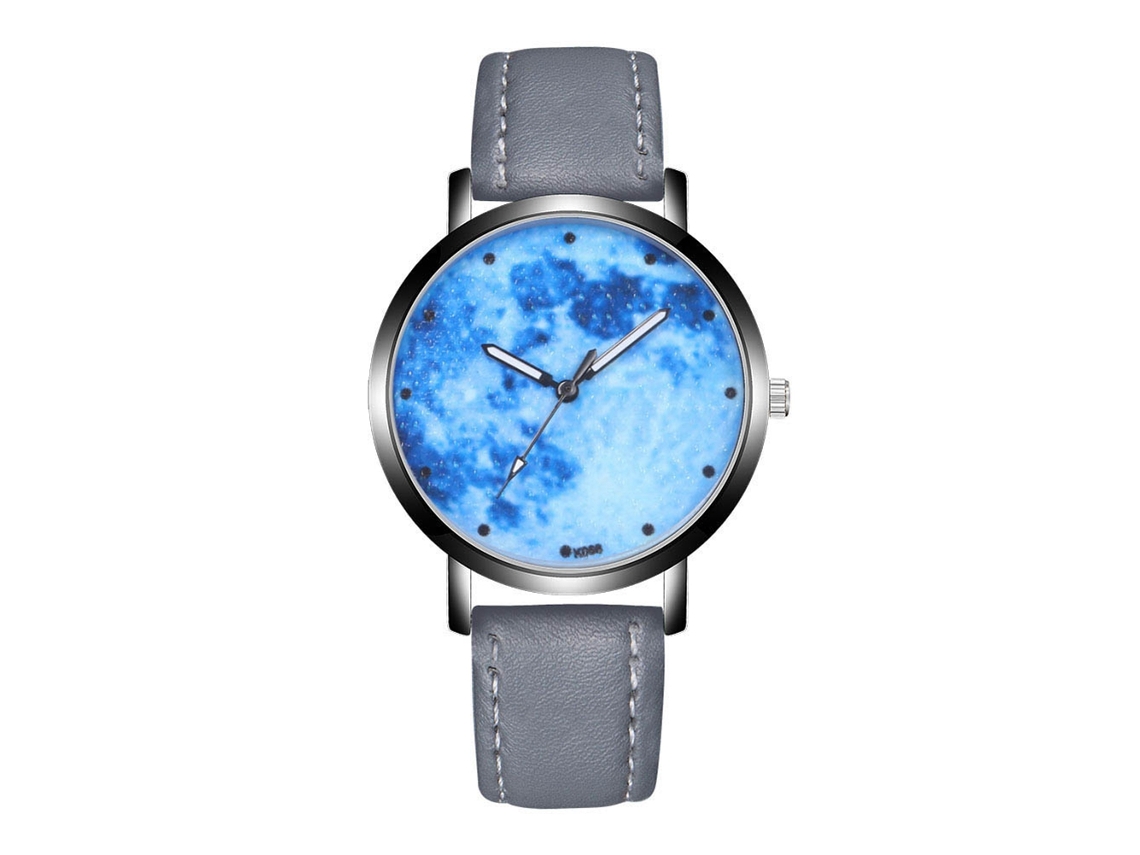 Relógio de pulso masculino de quartzo com pulseira de couro, mostrador analógico redondo cinza.