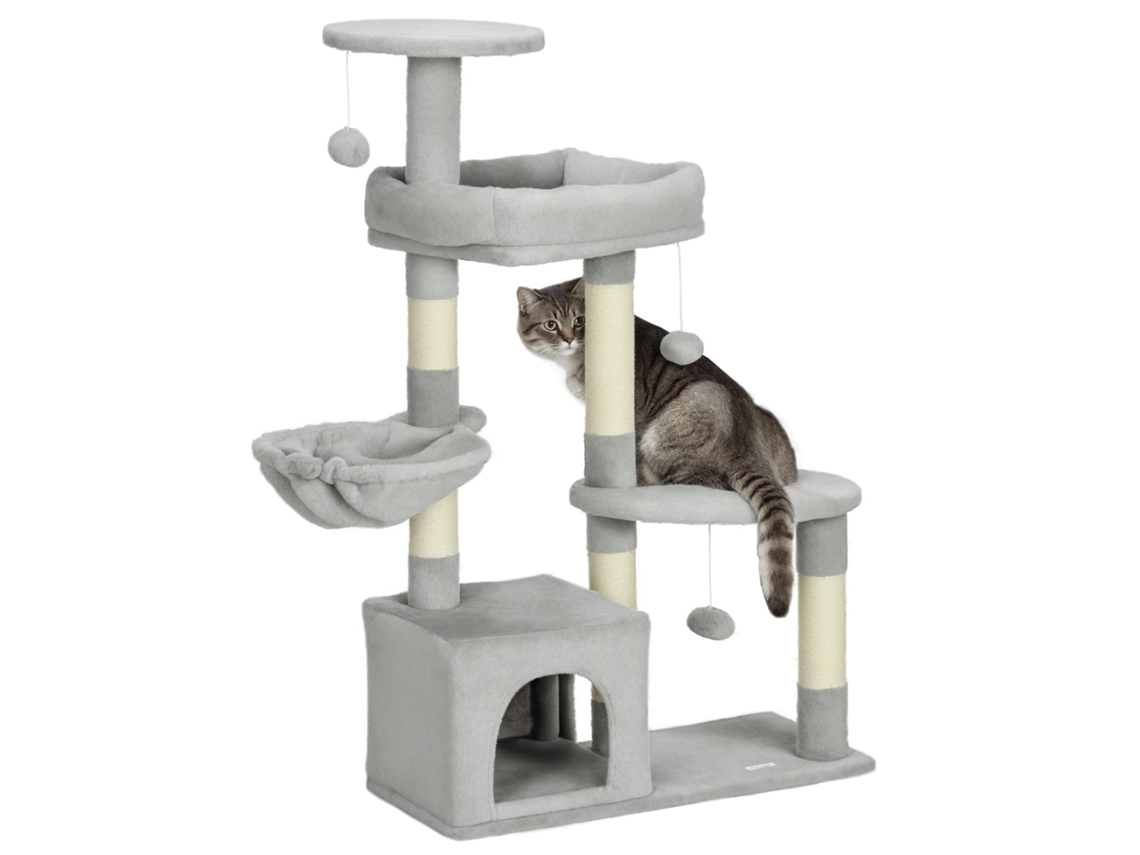 Arranhador de Gato Altura 104 Cm Árvore para Gatos com Postes de Sisal Plataformas de Caverna e Bolas Penduradas Cinza Claro Ge