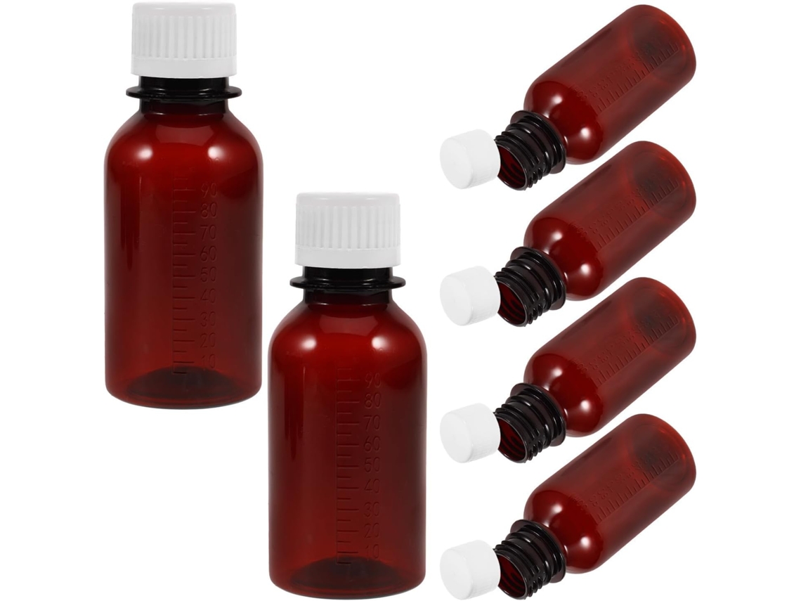 Conjunto De 6 Frascos De Viagem De 100ml, Em Pet Marrom Com Tampas, Para Armazenamento.