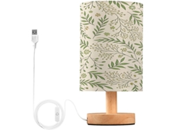 Abajur De Cabeceira Led Com Estampa Folha Verde, Ideal Para Quarto, Leitura Com Cúpula De Tecido, Base De Madeira E