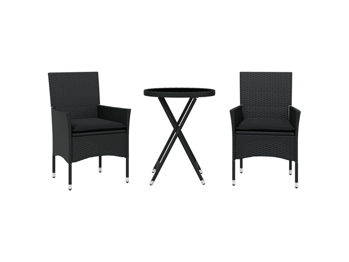 Conjunto 3 de Bistrô com Almofadões VIDAXL Vime Pe/Vidro Preto