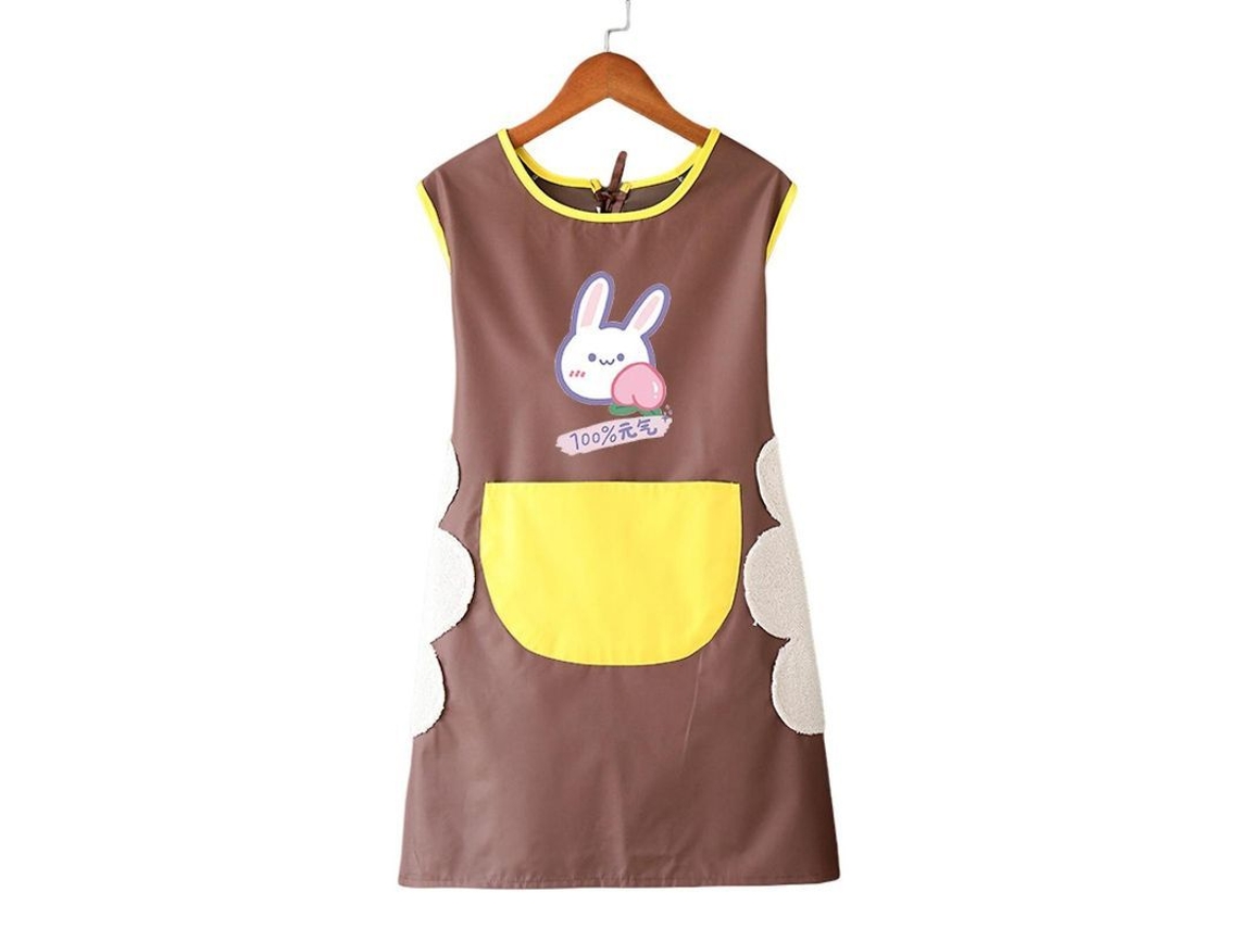 Delantal De Cozinha Com Estampado De Desenhos Animados, Impermeável E Antigordura, Gola Redonda Solta E Patchs De Cores Contrastantes Café