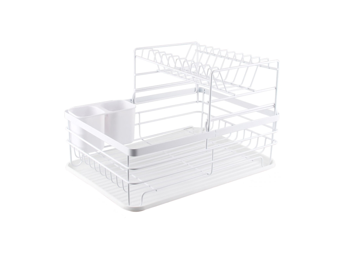 Estante De Vajilla De Hierro Simple Doble Capa Para Plato Y Bowl Con Drenaje Para Cocina Blanco