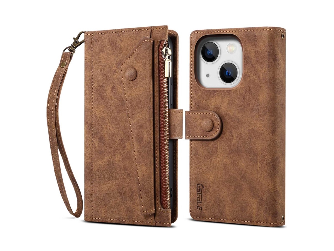 Capa Para Iphone 14 Pele Sintética Anti-choque Castanho