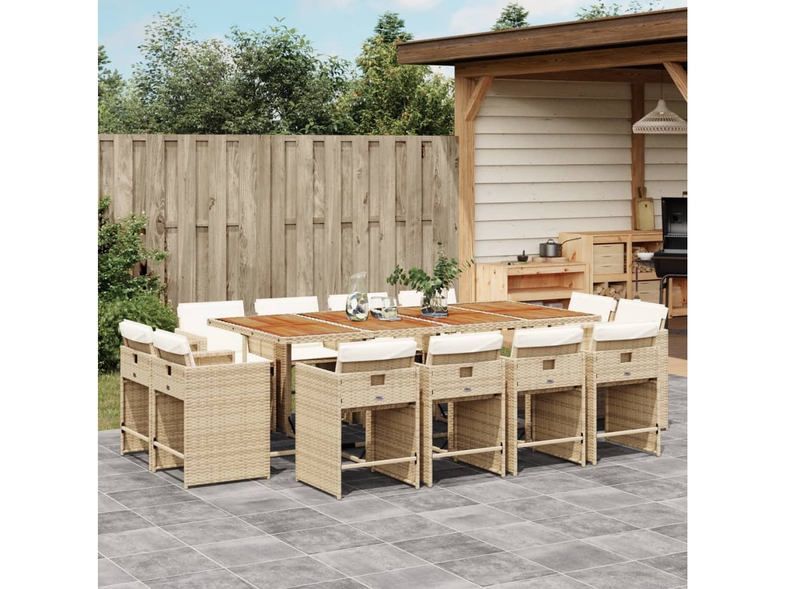 Conjunto 13 Peças Jantar P/ Jardim Com Almofadões Vime Pe Bege Dkd Home Decor