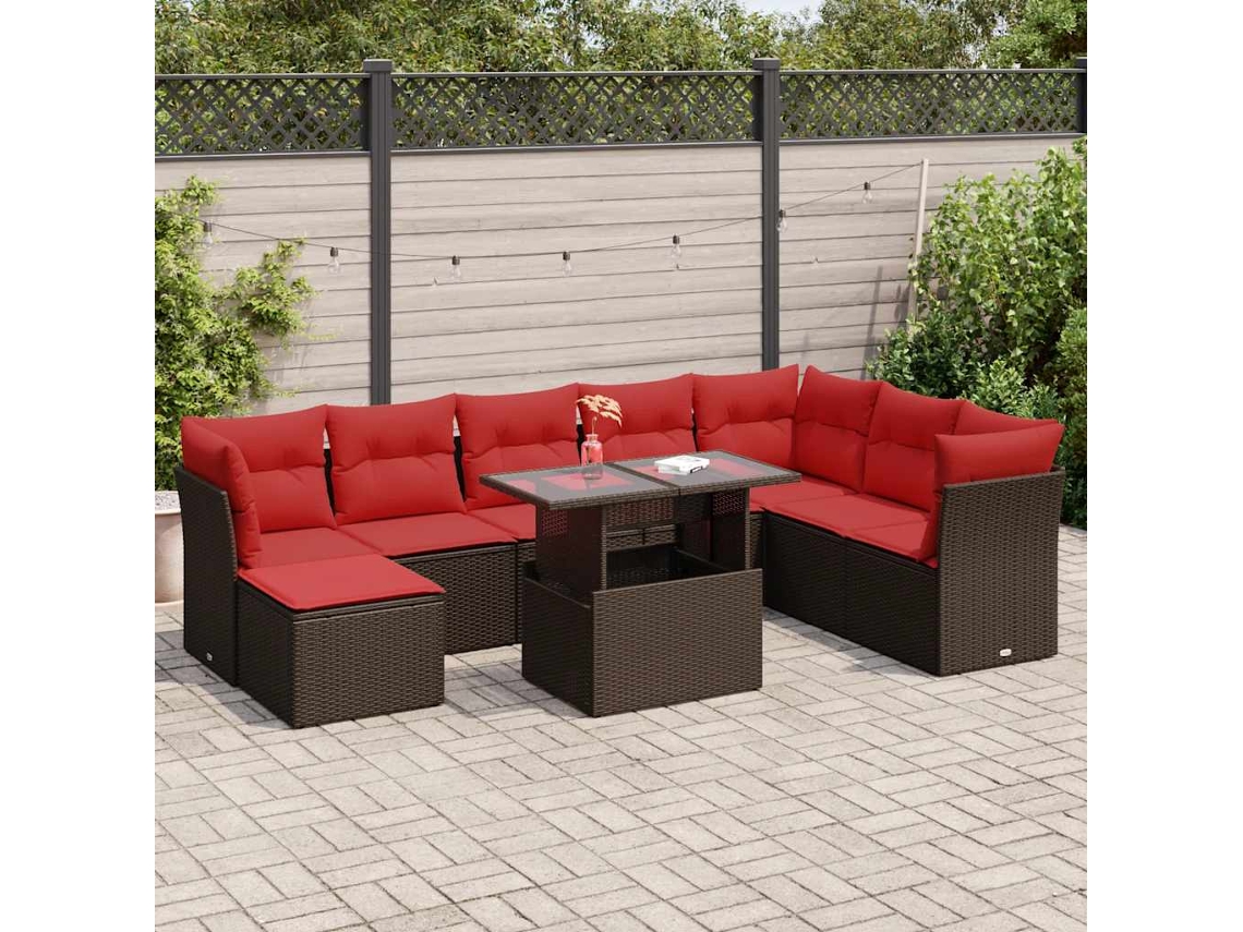 Vidaxl 9 Pcs Conj. Sofás Jardim C/ Almofadões Vime Pe/acácia Castanho