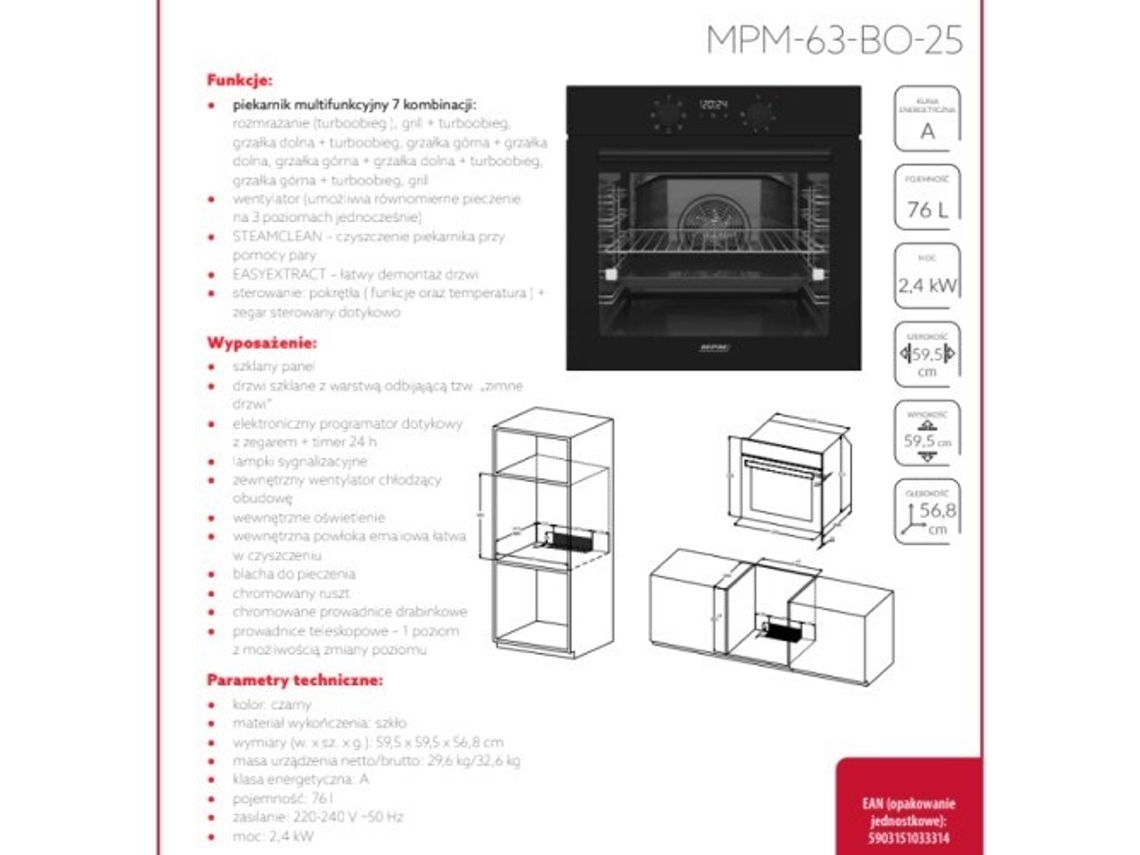 Mpm 63 Bo 25 Forno elétrico de encastrar preto