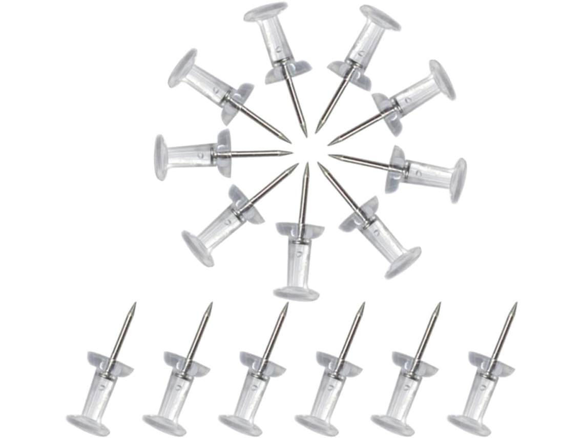 Conjunto de 300 tachininhas transparentes com pontas de metal e plástico, seguras e ideais para uso em casa ou na mesa de trabalho.