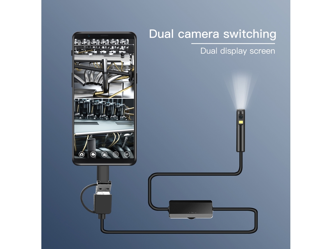 YURU câmera Endoscópica Industrial Borescope 5.5mm 1080p Ip68 9 Leds Ajustáveis com Interface 3 em 1 Type c/android/usb