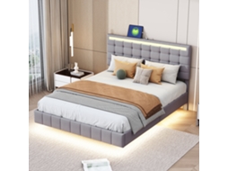 Cama 140x200 Cm Com Estrutura Flutuante Led E Cabeceira De Linho Cinza