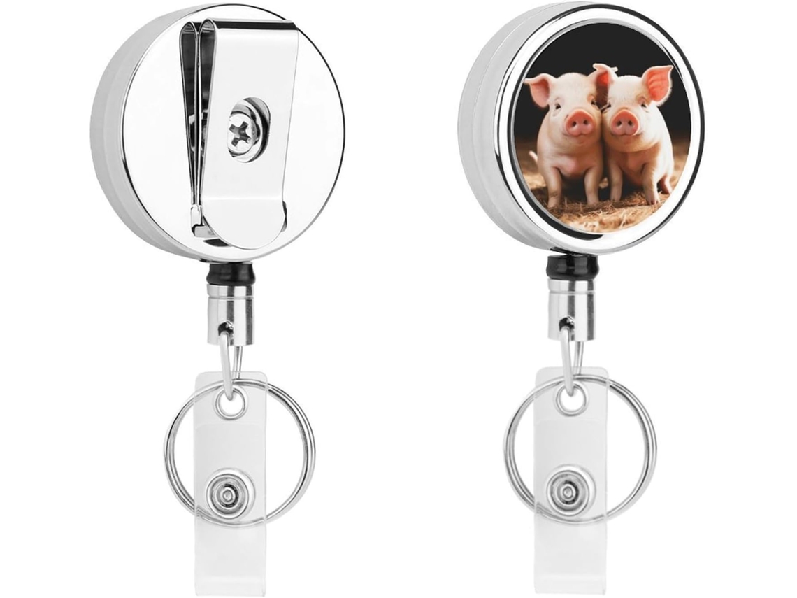 Porta Crachá Retrátil Em Formato De Porquinho Fofo, Com Clipe De Metal, Portátil, Em Nylon, Com Cordão De Aço Inoxidável