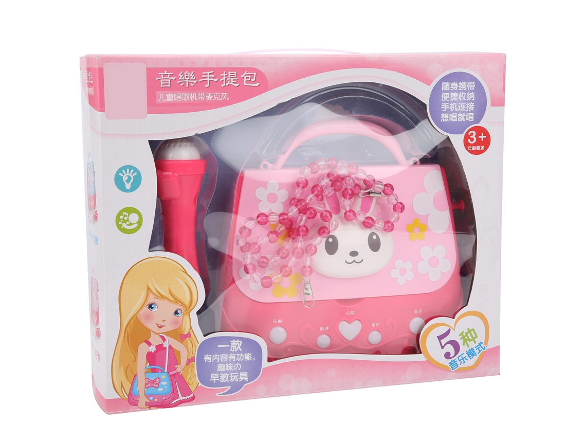 Primerox brinquedo Educativo Musical com Microfone Bolsa de Armazenamento Luz Rosa Presente Infantil