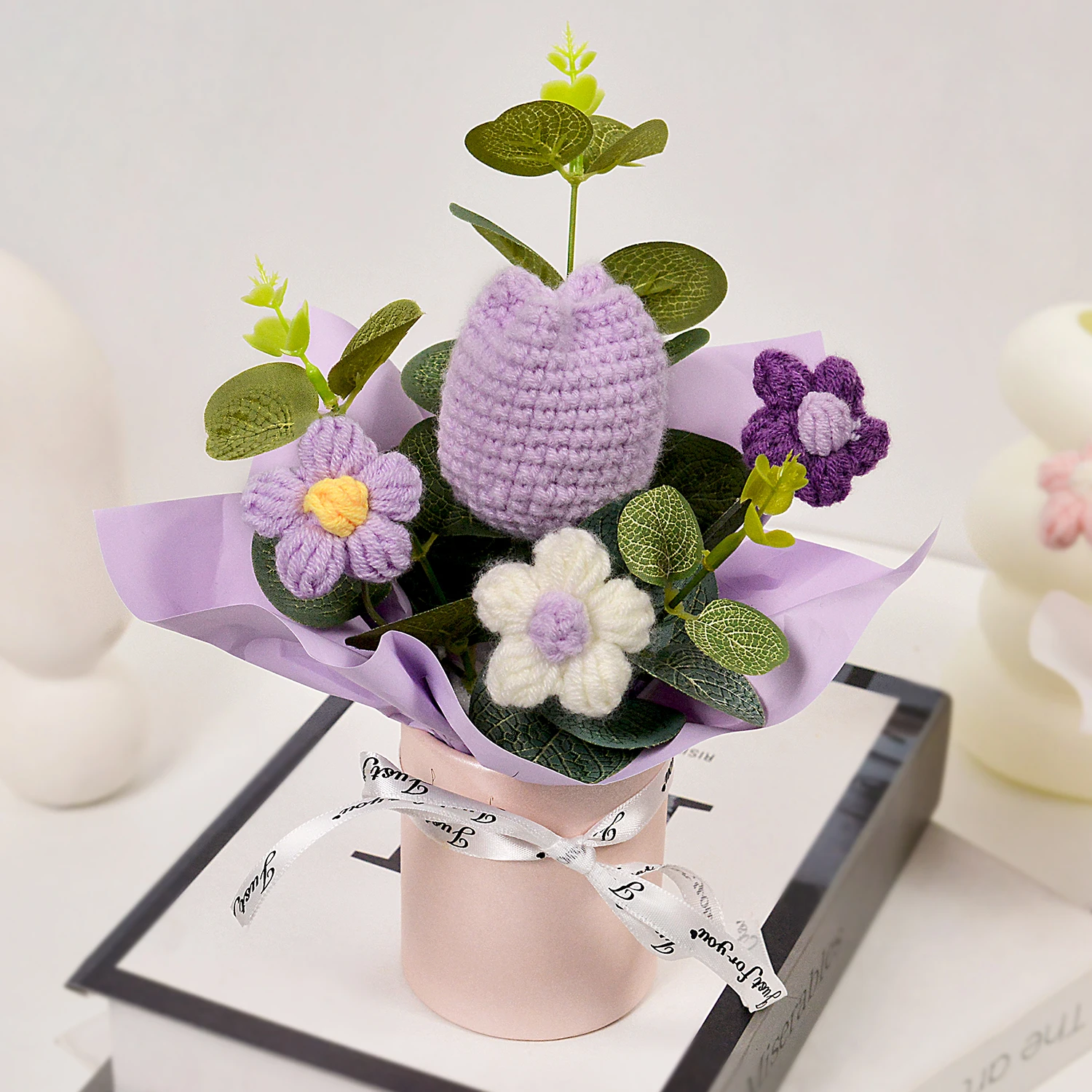 (roxo) Buquês Feitos À Mão Em Crochê, Buquês De Tulipas Tricotadas, Decoração Para Casa E Presentes.