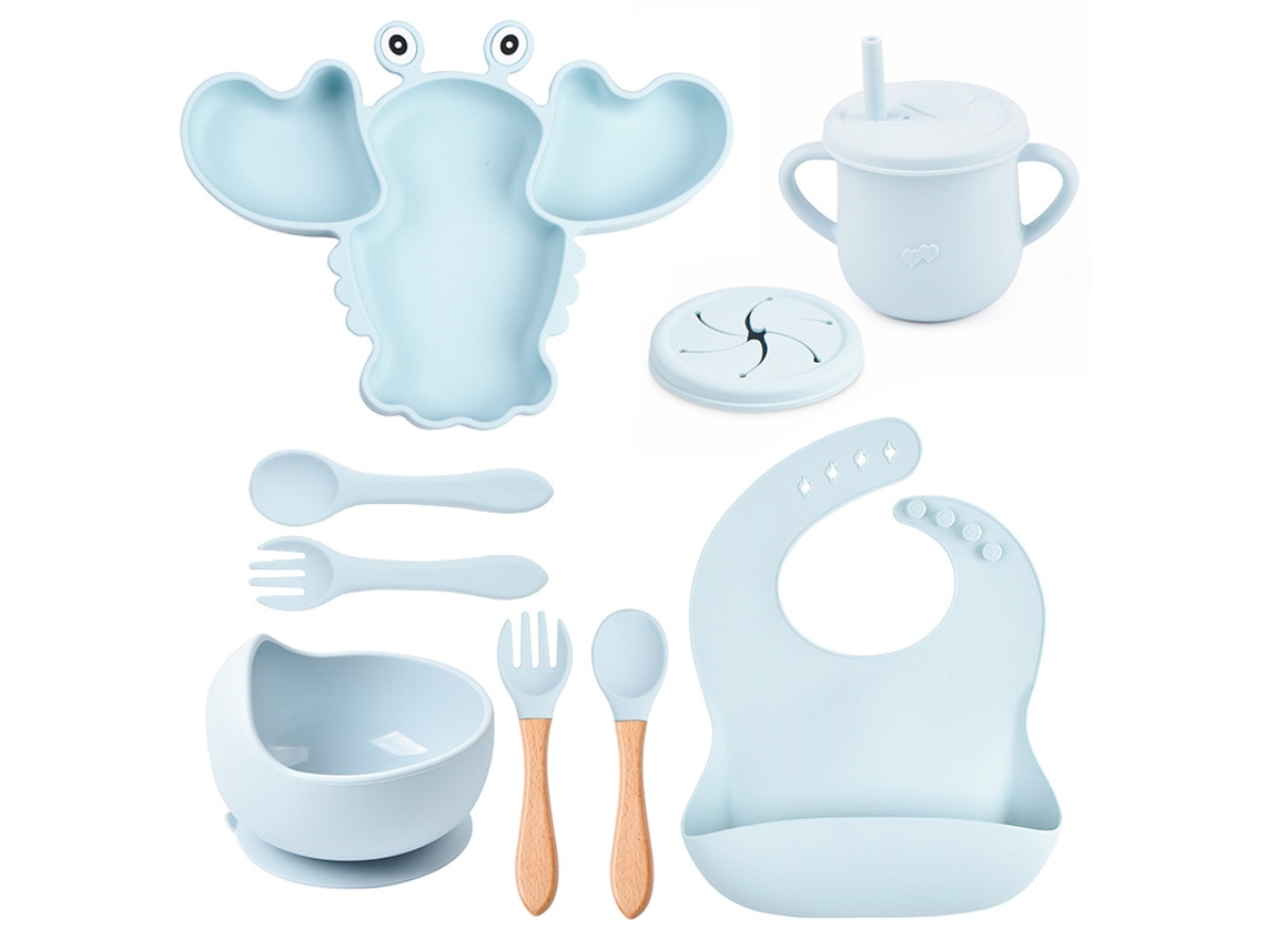 Kit de Alimentação para Bebé em Silicone Formato de Lagosta 8 Peças com Ventosas, Livre de Bpa Azul PANOONA
