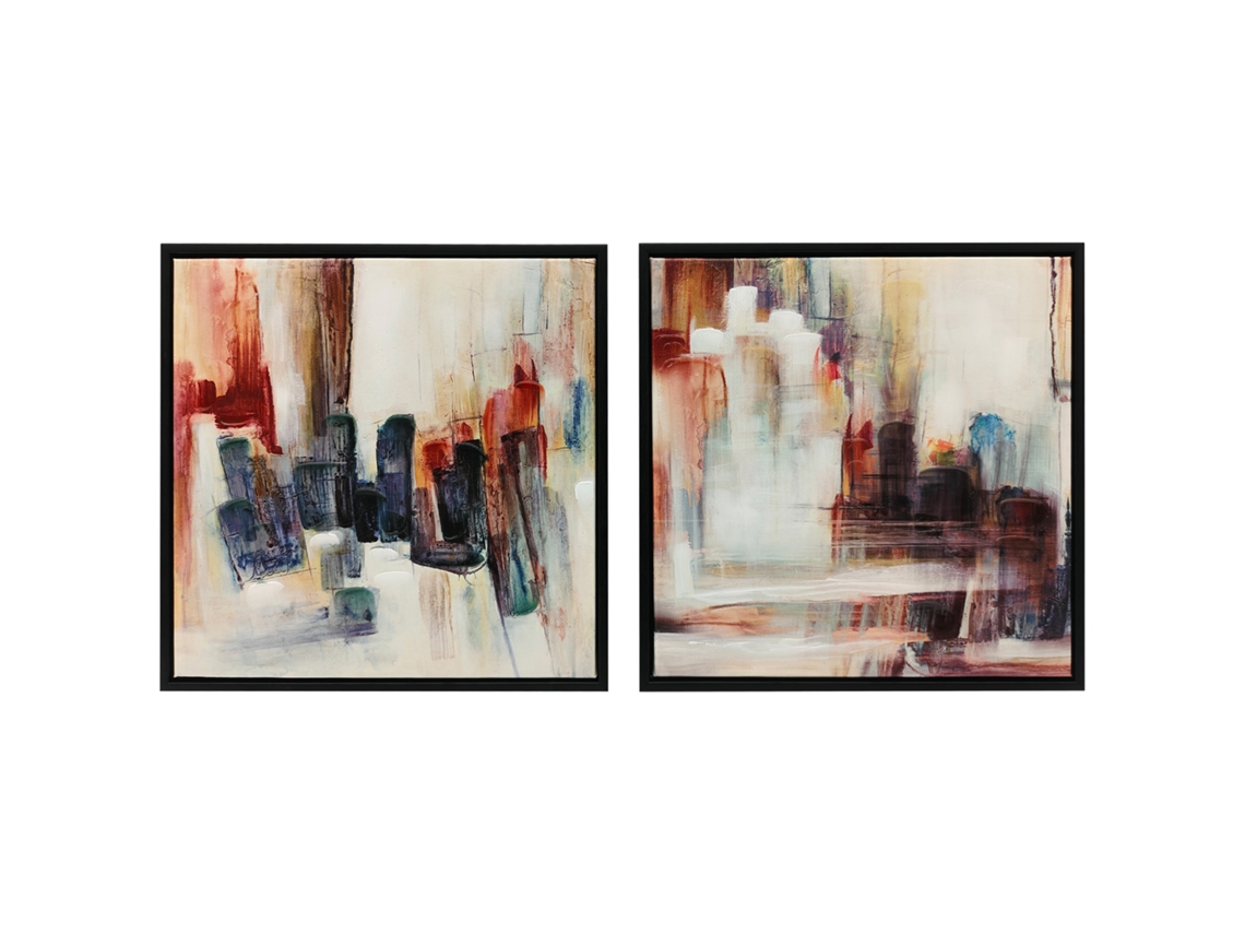Conjunto De 2 Quadros Em Tela Abstrata Emoldurados, 40x40 Cm Cada, Decoração Moderna Multicolor