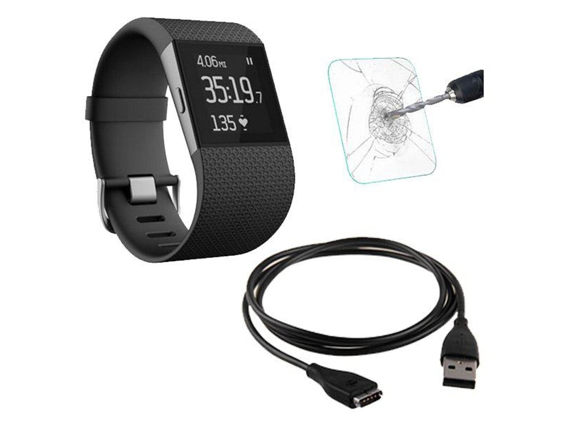 Kit Carregador Usb Charger Película Protectora Ecrã Vidro Fitbit Surge