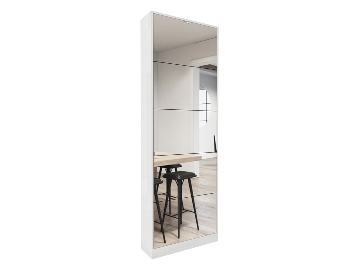 Armário Organizador Moderno Para Sapatos Com Espelho Corpo Inteiro, Sapateira De Madeira Com 5 Gavetas Giratórias Para Hall De Entrada, Branco.