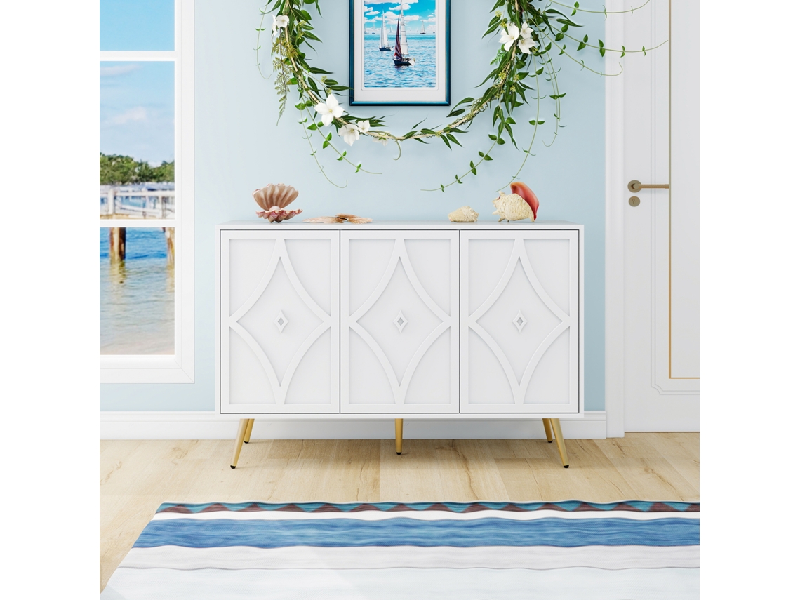 Aparador Moderno Branco 3 Portas 3d Com Pernas Douradas Móvel De Armazenamento Para Sala Corredor Ou Quarto 120x40x80cm Mega Echo Trade Shop