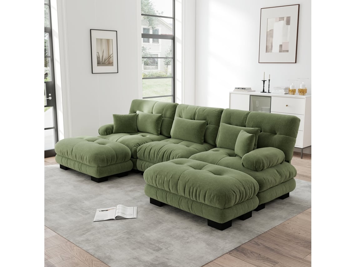 Sofá Cloud Luxo Em U Com Pufe E Assento Profundo Em Chenille Verde