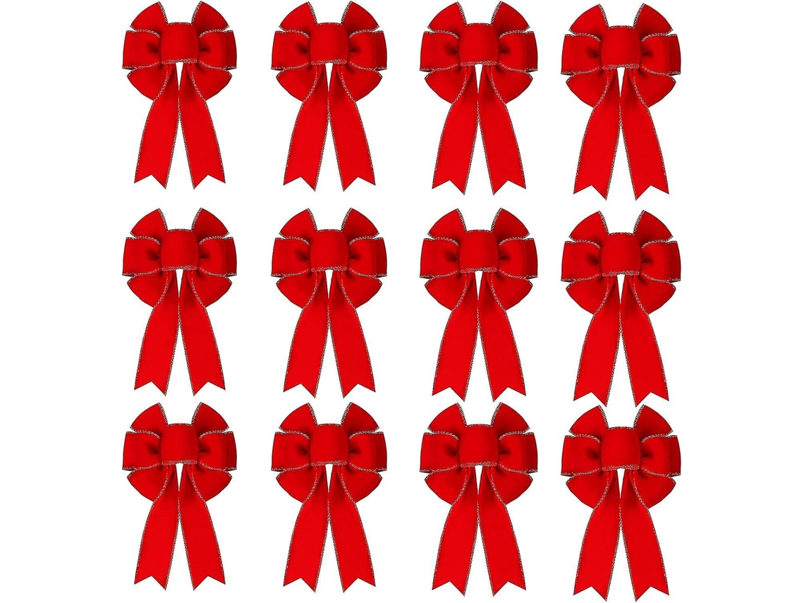Rebe lazo Rojo de Terciopelo Con Borde Dorado Y Luces Led para Decoración Navideña Exterior e Interior Pacote de 12 (6 X 10 Polegadas)