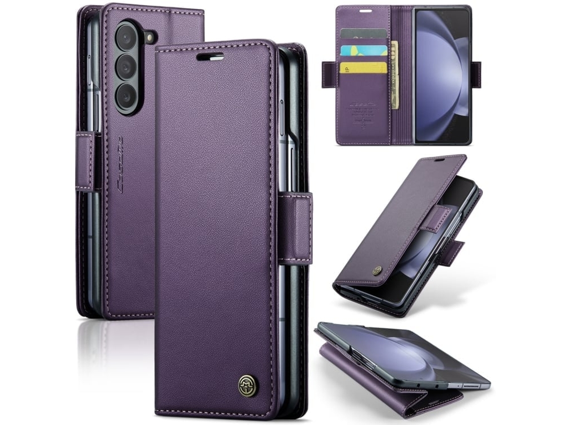 Capa Para Samsung Galaxy Z Fold5 Borboleta Fivela Litchi Textura De Telefone De Couro Rfid Antirroubo Roxo Perolado