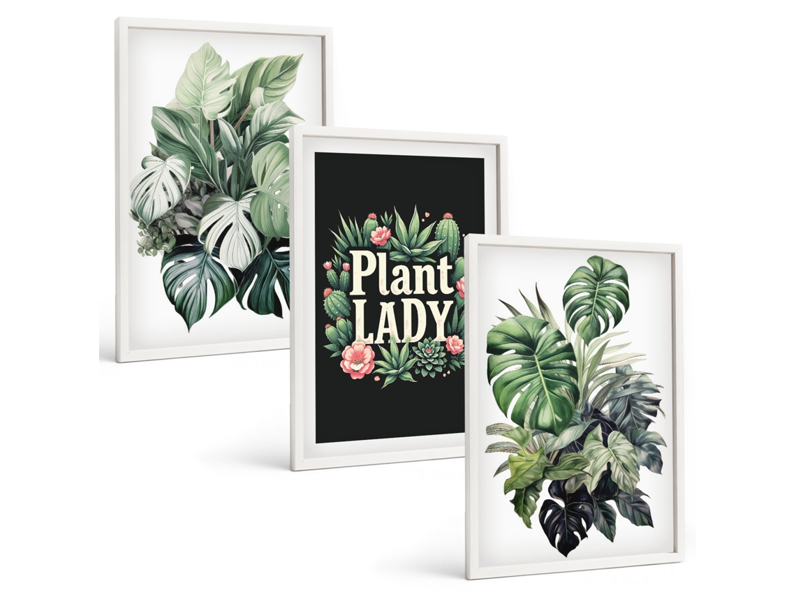 Galeria De Pinturas Murais Plantas Tropicais, Senhora Das Plantas Moldura Branca Quadros Para O Escritório Espelharte (3 Piezas De 40x60 Cm)