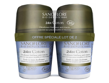 Desodorante de Algodão Desodorante Frescura Anti-Traços Roll-On Bio Lote de 2 X 50 Ml 24H SANOFLORE