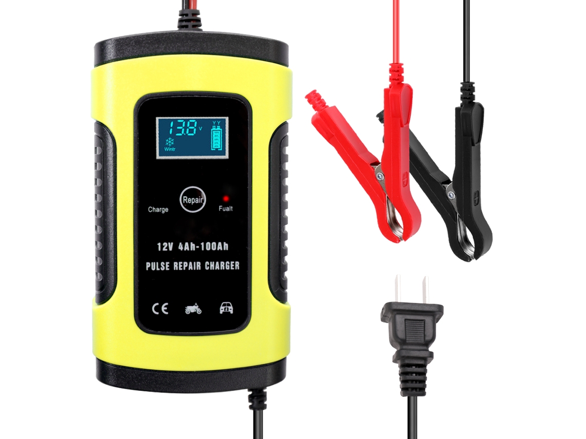 Carregador de bateria de carro 12V 6A automático inteligente com reparo por pulso e visor LCD digital.