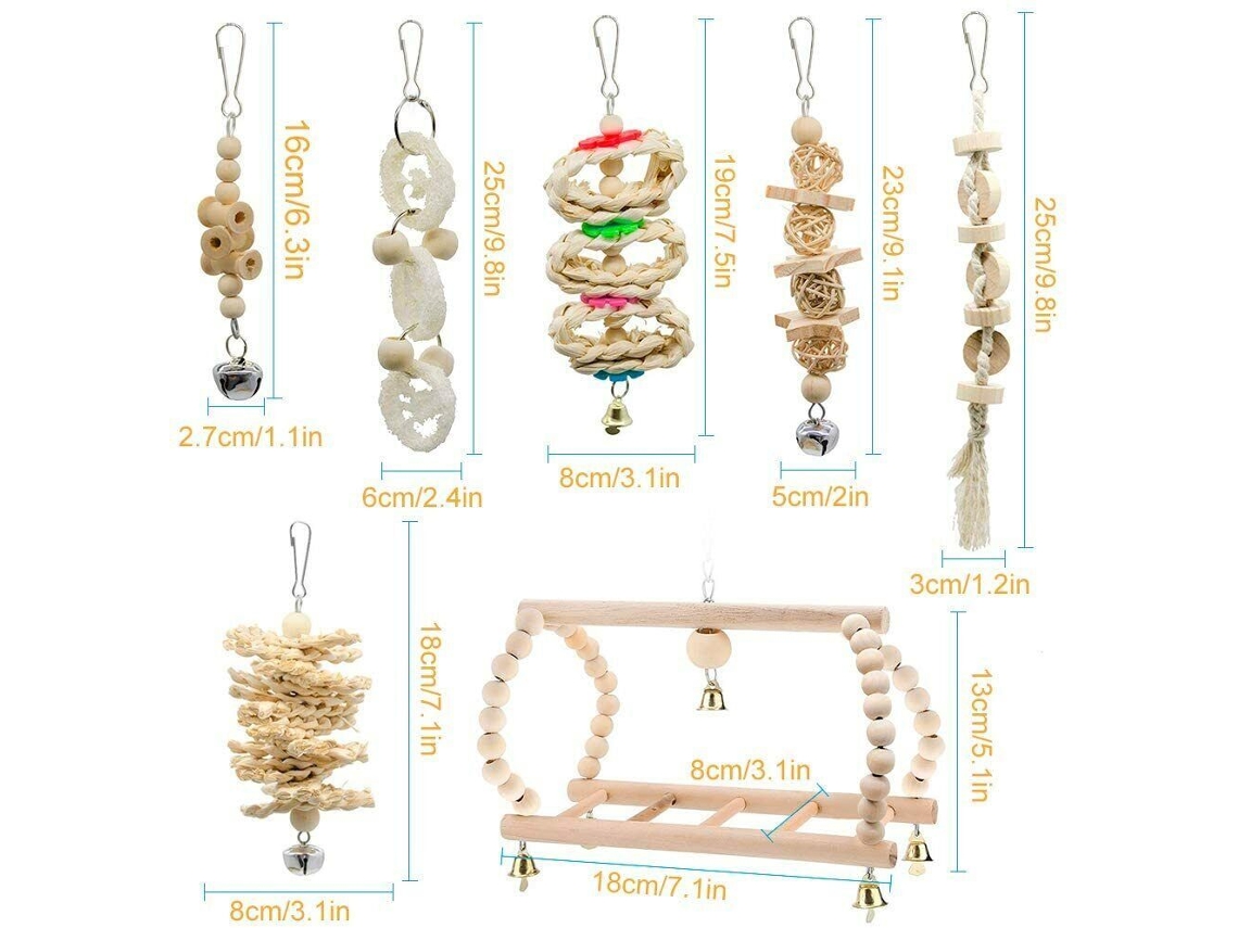 Conjunto de 7 Peças de Brinquedos para Papagaios, Periquitos e Calopsitas: Rede Suspensa para Gaiola, Balanço para Roer AQUAFORGE