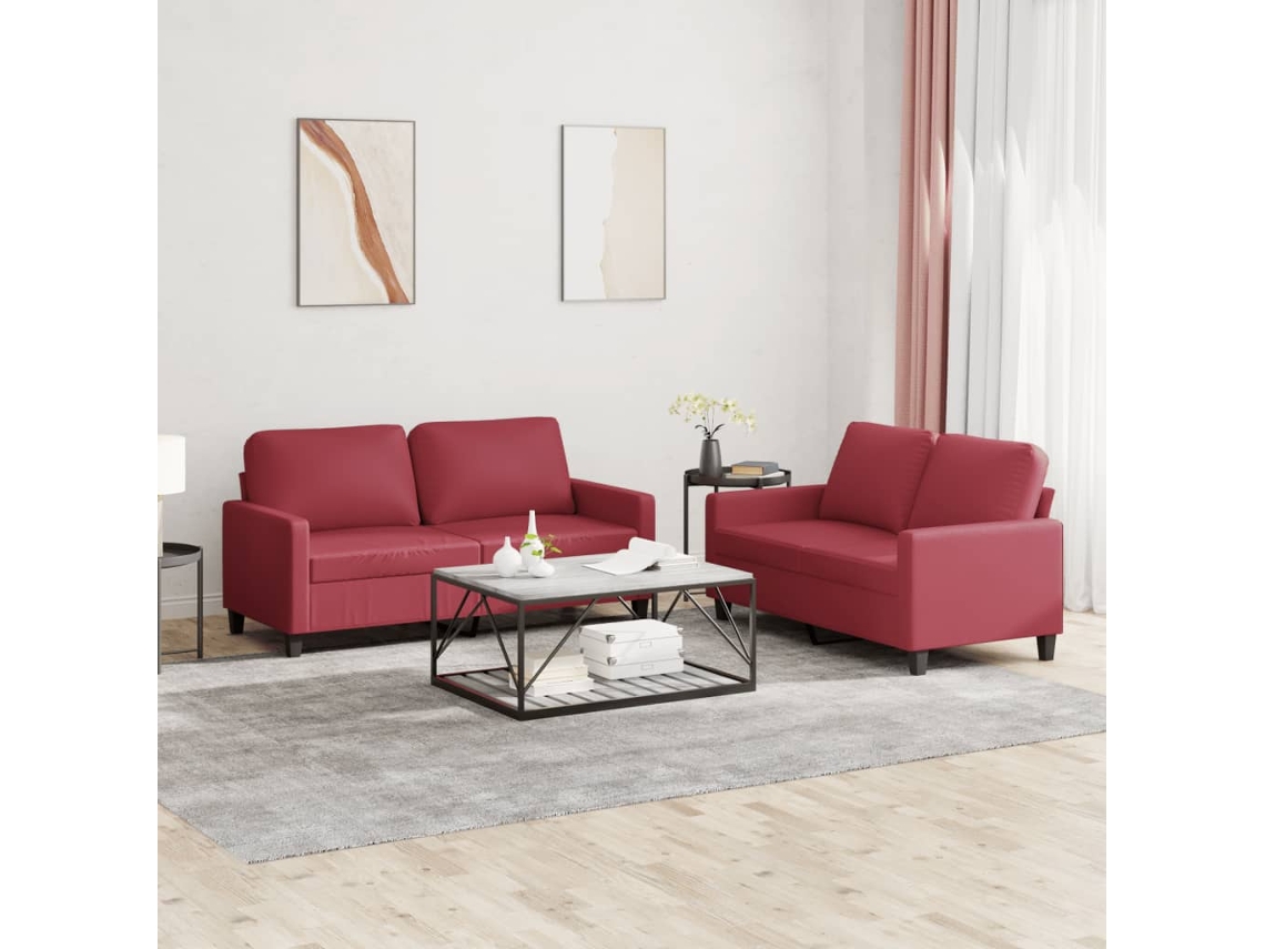 Vidaxl 2 Pcs Conjunto Sofás C/ Almofadões Couro Artif. Vermelho Tinto