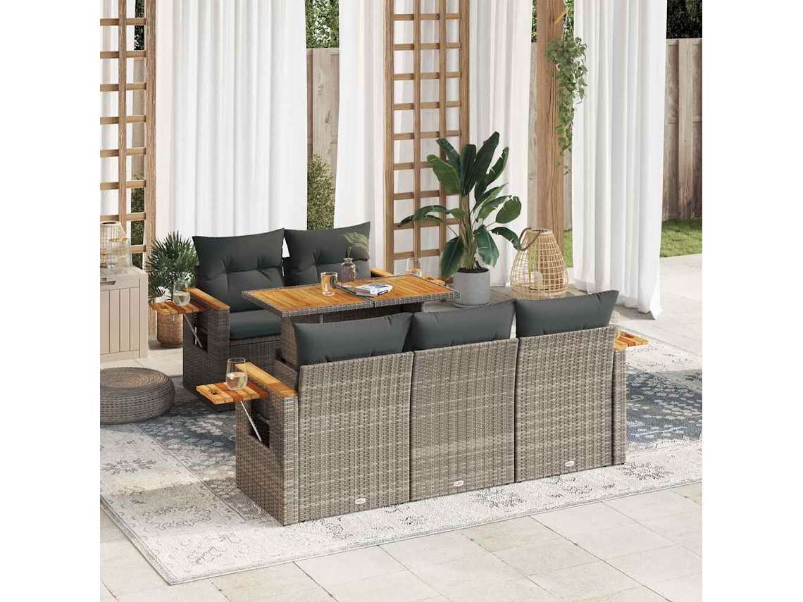 Vidaxl 6 Pcs Conjunto Sofás Jardim com Almofadões Pe/acácia Cinzento