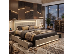 Lazyspace Cama De Casal Estofada Em Linho 160x200 Cm Com Led Rgb, Usb/type-c E 4 Gavetas - Bege