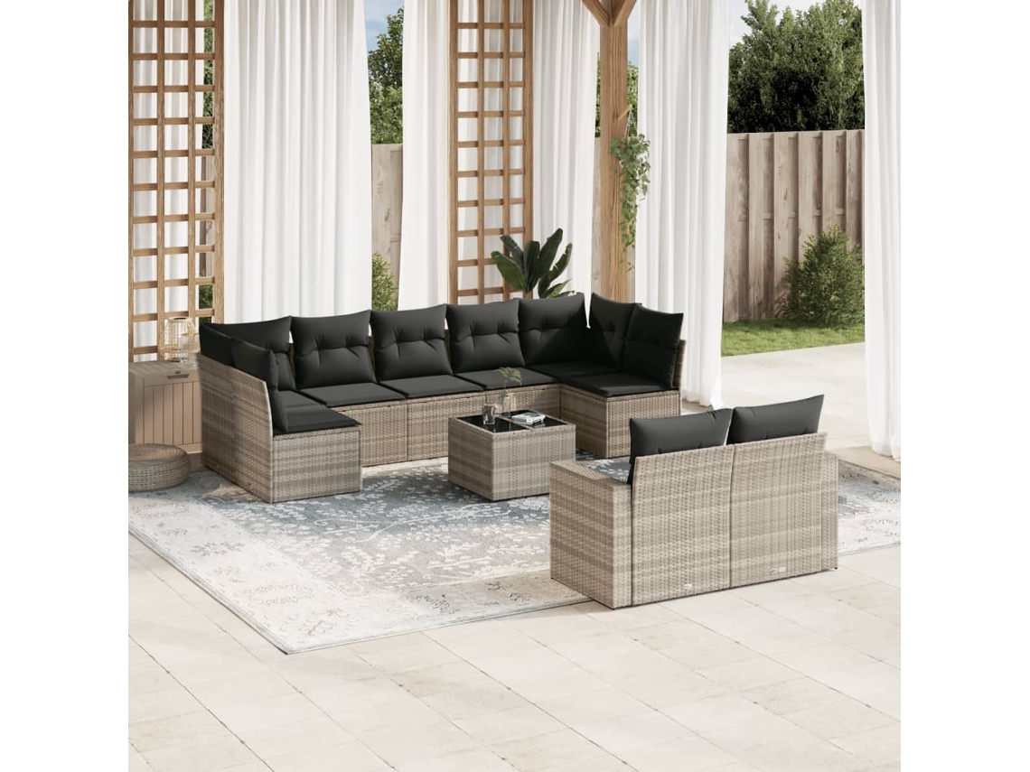 Vidaxl 10 Pcs Conj. Sofás Jardim Com Almofadões Vime Pe Cinzento-claro