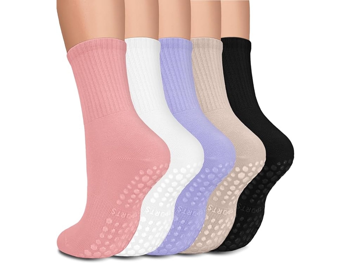 Conjunto de 5 Meias Femininas Algodão Antiderrapantes Cores Preta, Branca, Rosa, Roxa AQUAFORGE