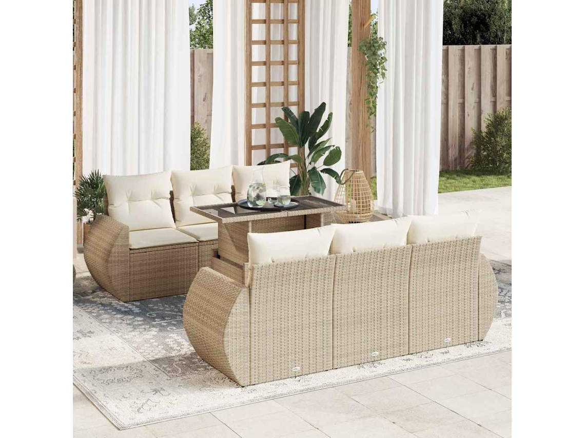 Vidaxl 7 Pcs Conjunto De Sofás P/ Jardim Com Almofadões Vime Pe Bege
