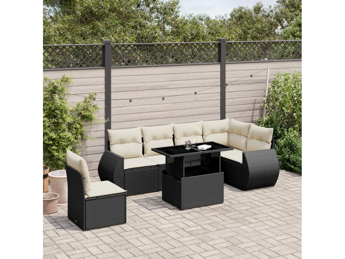 7 Pcs Conjunto De Sofás P/ Jardim C/ Almofadões Vime Pe Preto Dkd Home Decor