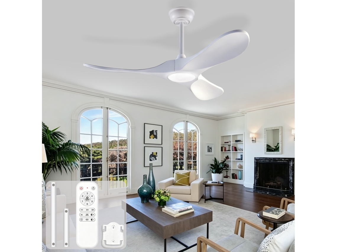 Ventilador De Teto Branco 42 Polegadas Com Luz Led, Três Pás De Madeira, 3cct, Controle Remoto E Temporizador
