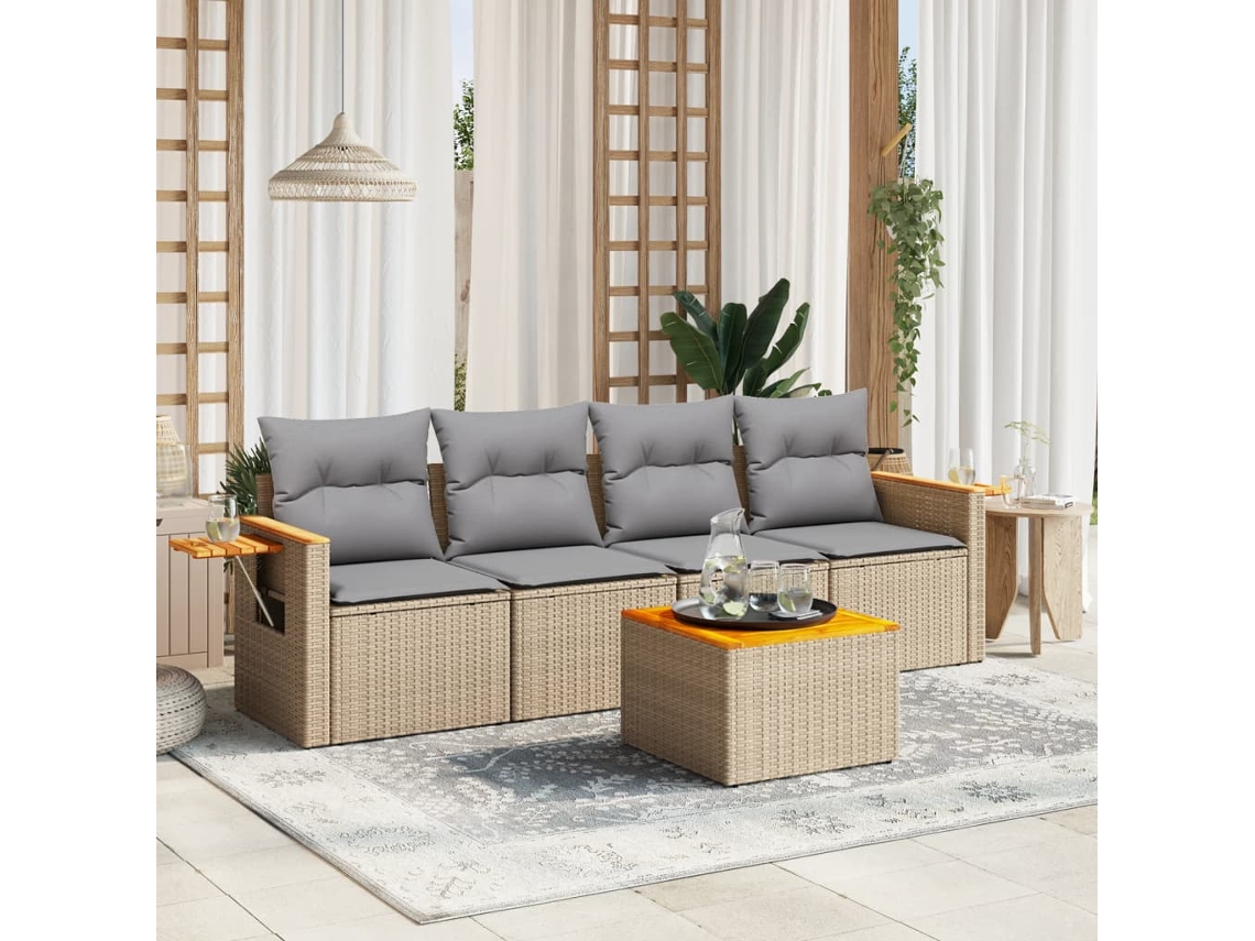 Vidaxl 5 Pcs Conjunto De Sofás P/ Jardim Com Almofadões Vime Pe Bege