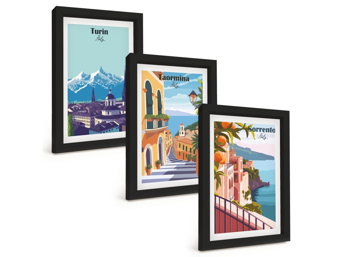 Composição De Quadrosvistas Coloridas De Cidades Retrô Moldura Preta Imagens Para Um Quarto Infantil Espelharte (3 Peças 20x30 Cm)