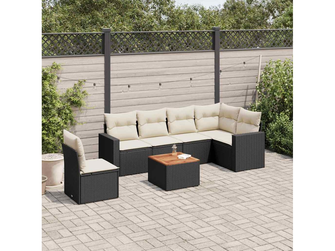 Jogo de Sofá 7 Peças P/ Jardim C/ Almofadões Vime Pe Preto Dkd Home Decor