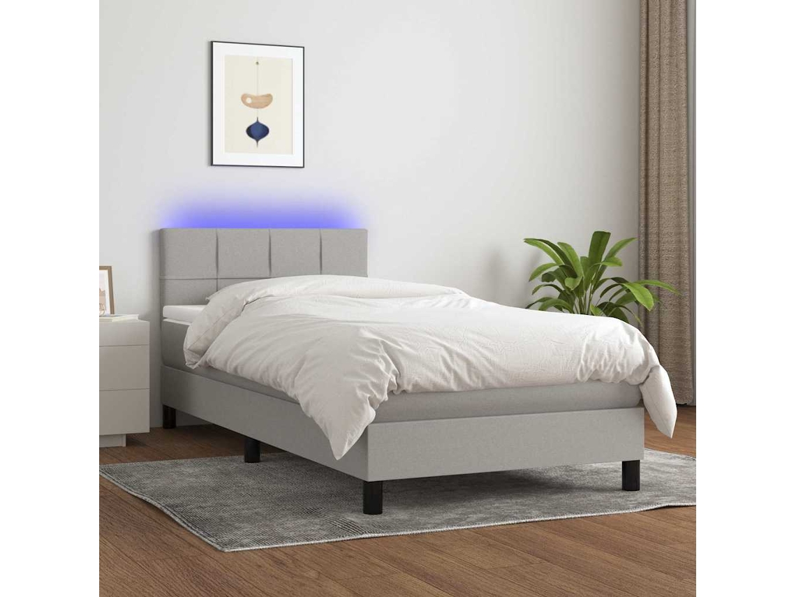 Vidaxl Cama Box Spring C/ Colchão E Led 90x200 Cm Tecido Cinza-claro