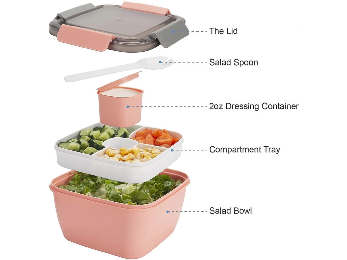 Recipiente De Salada Para Almoço, Tigelas De 52 Oz Com 3 Compartimentos E Recipiente De Molhos, Azul+rosa