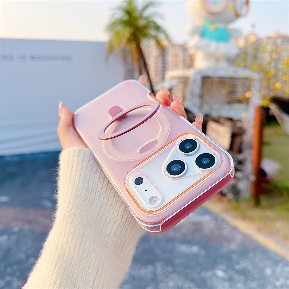 Capa Transparente Fosca Magnética Para Iphone (iphone 14 Pro Max, Rosa) Com Suporte De Anel Metálico Magsafe.