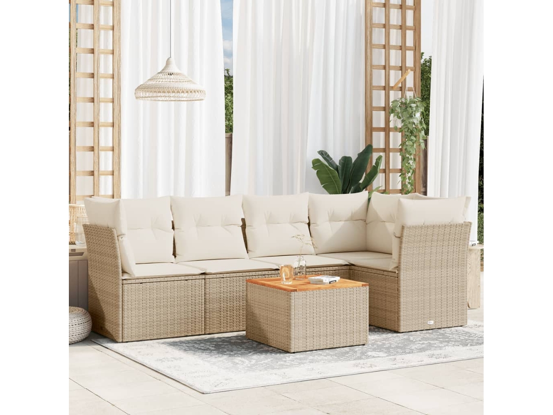 Vidaxl 6 Pcs Conjunto De Sofás P/ Jardim Com Almofadões Vime Pe Bege