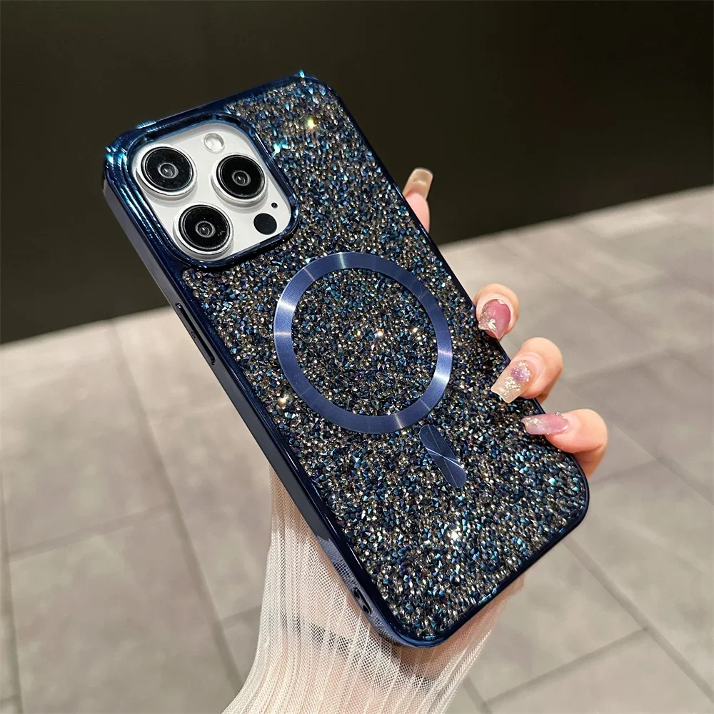 (azul-escuro, Iphone 14 Plus) Capa Magnética De Luxo Com Brilho De Diamante, Compatível Com Carregamento Sem Fio Magsafe