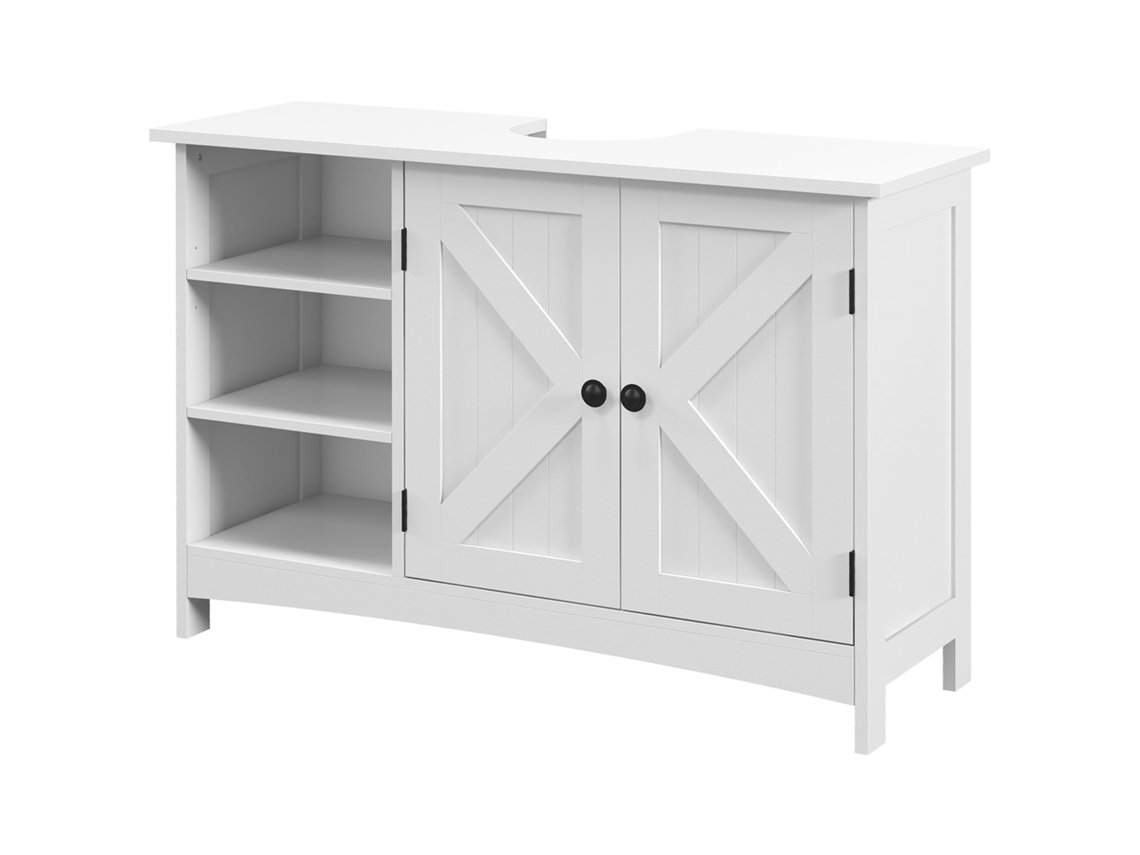 Móvel Para Lavatório Pousar De Madeira Com 1 Armário 3 Prateleiras Abertas E Ajustável 90x30x60 Cm Branco