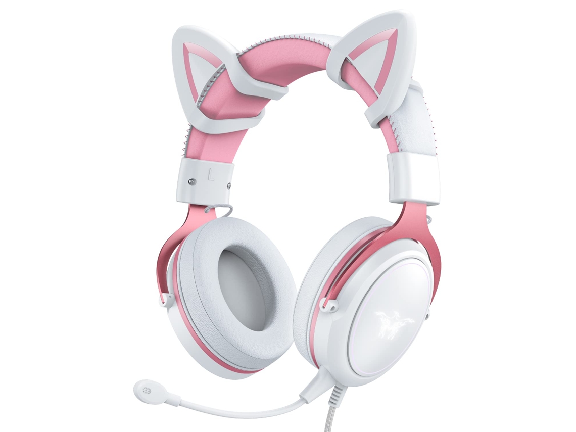 Fone de ouvido gamer com fio tipo orelha de gato, microfone, cancelamento de ruído, som surround e luz LED.