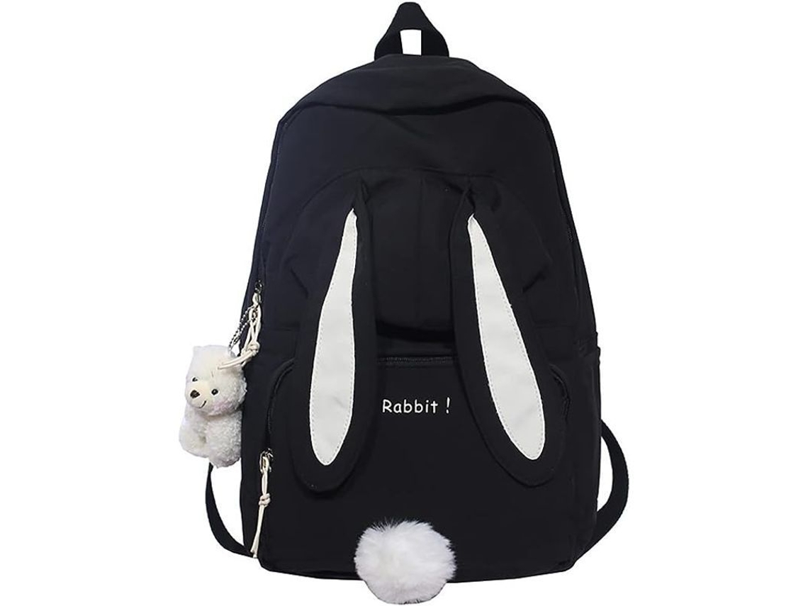 Mochila Kawaii Com Orelhas De Coelho E Pingente De Urso Para Estudantes Adolescentes Linjou (preto)